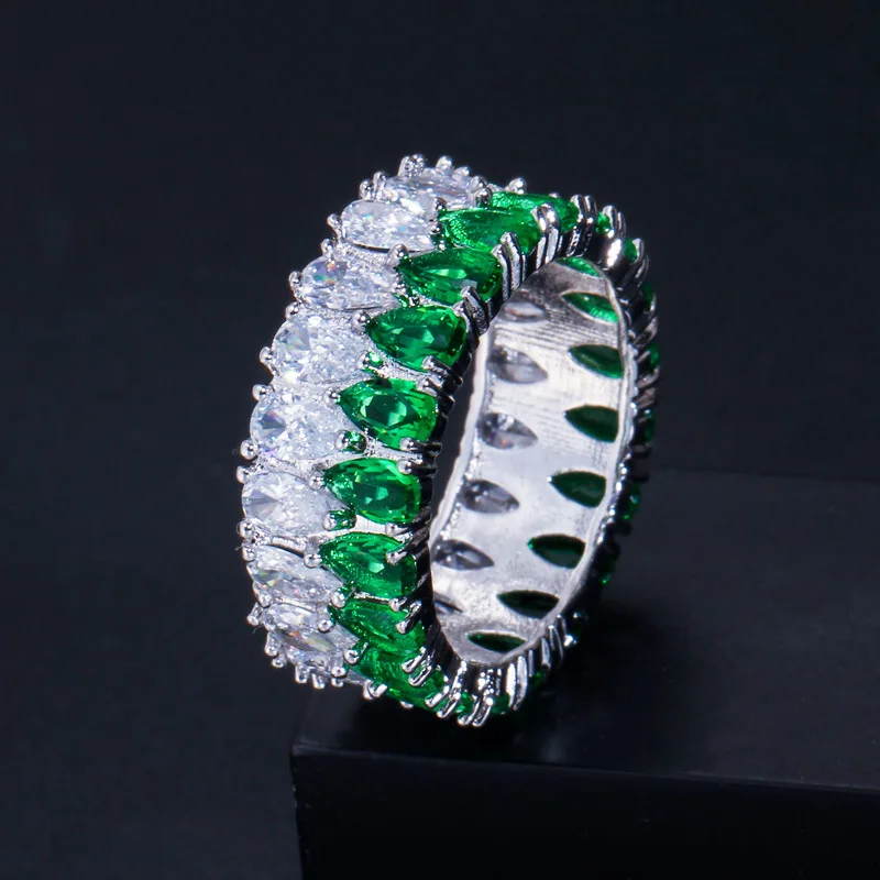 Bilincolor de la moda elegante de lujo verde cubic zirconia línea doble gota de agua de la boda anillo de compromiso para las mujeres cuarzos 5