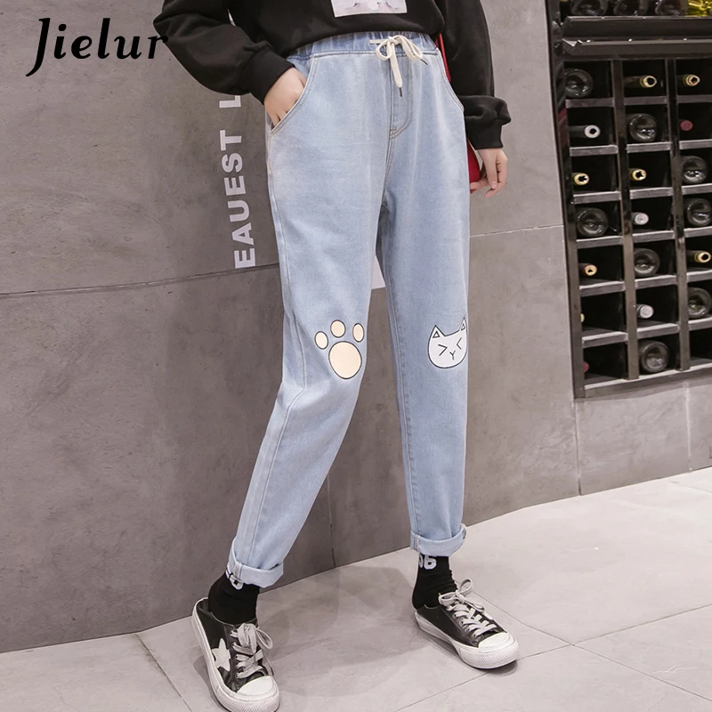Jielur Suelta Más el Tamaño de S-5XL de la Mujer pantalones Vaqueros de Cintura Alta Elegante Lindo Gato Impreso Pantalones de Mezclilla para Dama 2020 de la Moda de los pantalones Vaqueros Azules Mujer 5