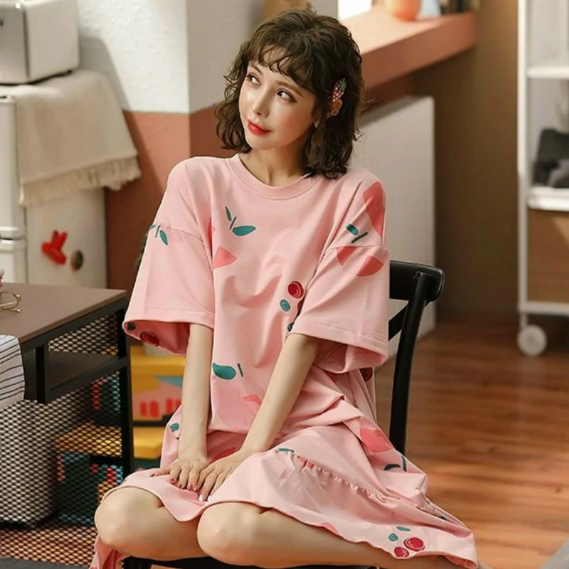 Camisones Mujer Mangas Cortas de Gran Tamaño 3XL Estilo coreano Casa de Desgaste Impreso ropa de dormir de Suelta Blanda Niñas Transpirable Simple Dulce 5