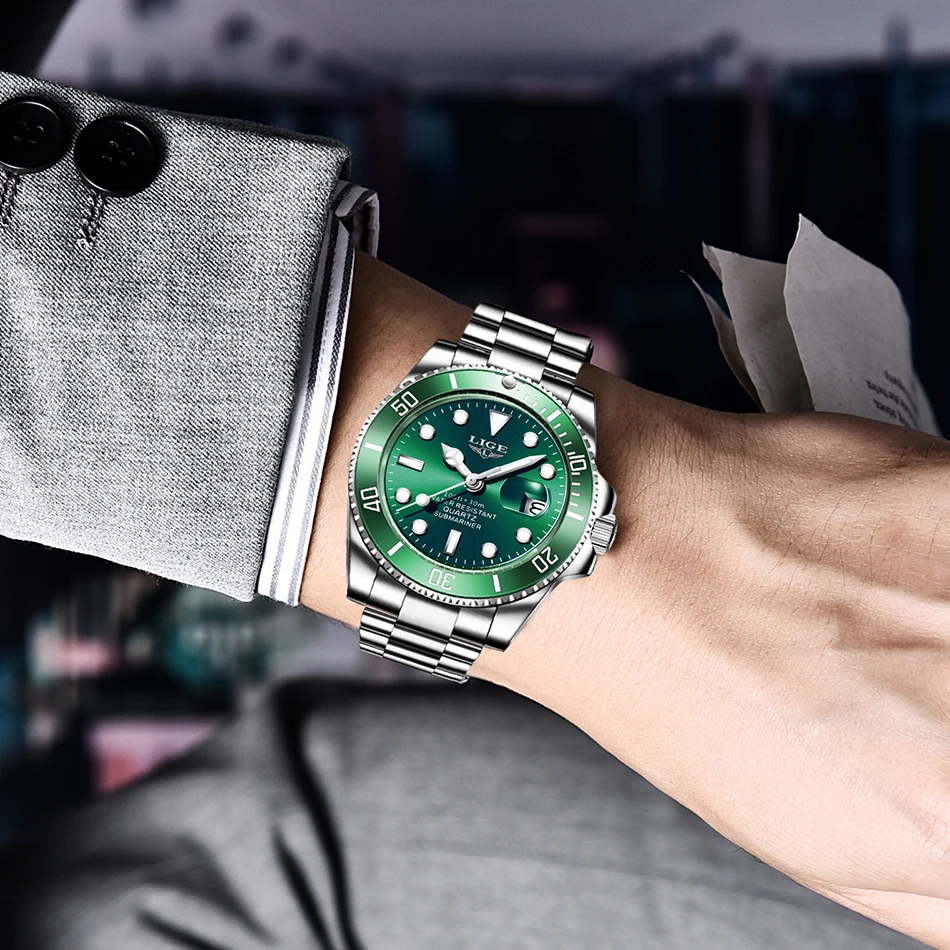 LIGE de la Marca de Lujo de los Hombres del Deporte Relojes Verde Impermeable de Acero Inoxidable Reloj de Pulsera de Hombre Reloj de Moda reloj de Pulsera Relogio Masculino 5