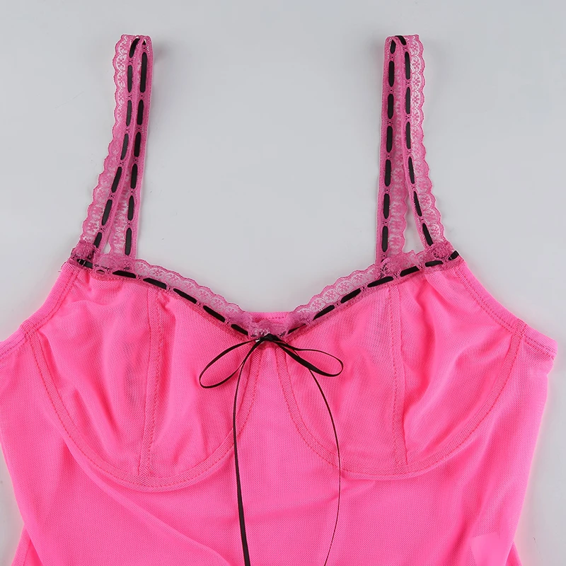 Y2K Aestehtic Rosa Lindo Crop Tops para Mujer de Encaje-hasta el Arco Sexy con Pliegues en la Camisola coreano de la Moda de Malla Corsé Tops de los 90 Cuteandpsycho 5