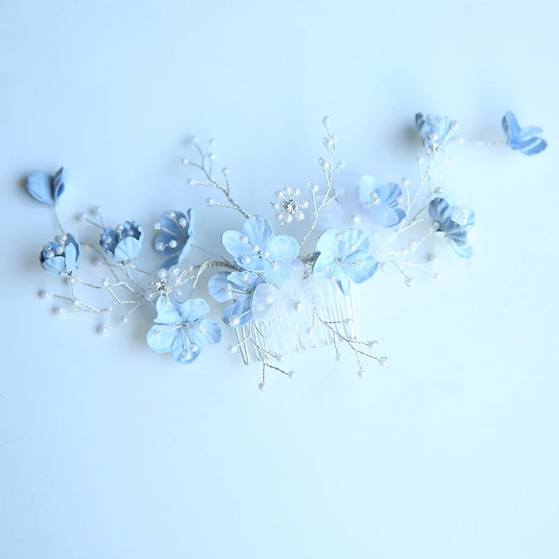 Jonnafe Luz Azul Floral Peine Del Pelo De La Boda Accesorios De Perlas Nupcial Del Pelo De La Joyería Hecha A Mano De Las Mujeres Adornos 5