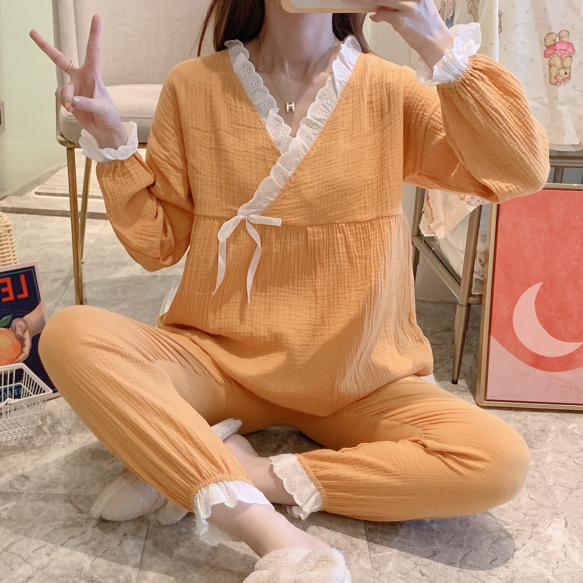 2021 Japonés nuevo estilo de la primavera y el verano fina ropa de hogar, puro algodón pijamas para mujeres embarazadas, postparto hogar de ancianos de servicio 5