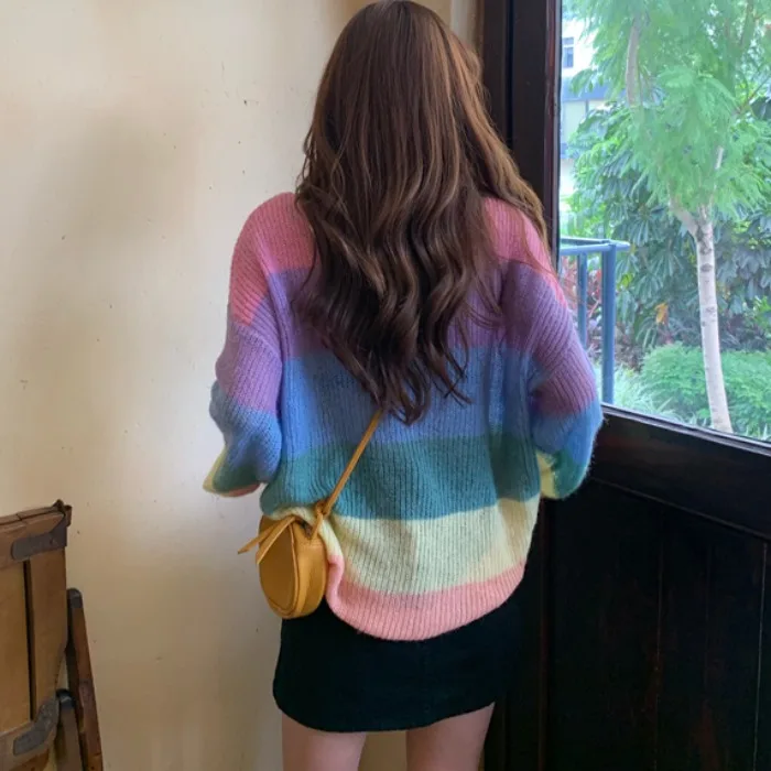Corea Del Estilo Kawaii Kintting Suéter De Las Mujeres Harajuku Rayas Del Arco Iris O-Cuello De La Ropa Casual Vintage 