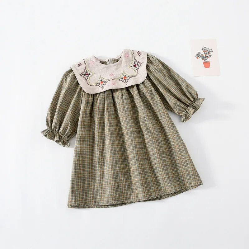 Los Niños coreanos Retro de la Princesa Vestido de las Niñas de Primavera y Otoño Nuevo Niño de las Niñas de Bebé de la Plaza de Cuello Bordado de la tela Escocesa de Vestir 5