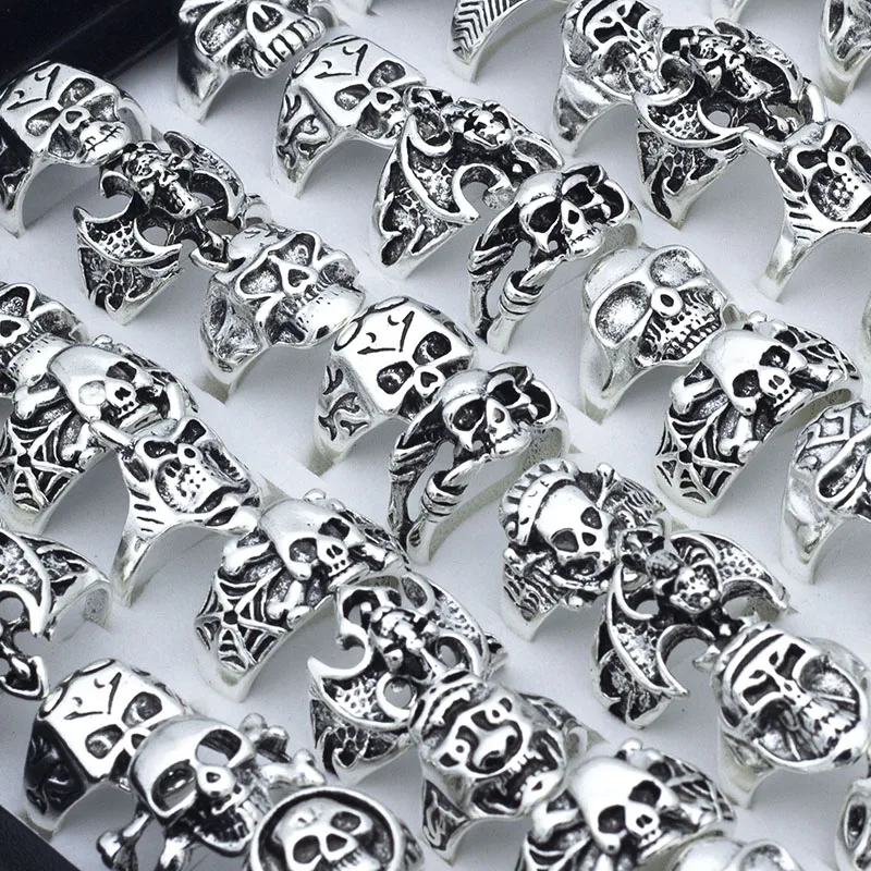 50pcs Cráneo Esqueleto Gótico de la Aleación de los Anillos de estilo Punk de los anillos para hombre para mujer de Joyas al por mayor lotes 5