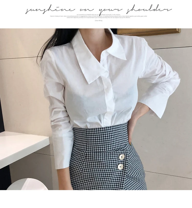 Las mujeres Blancas, Camisas Largas Conjuntos de Dos piezas de Manga Larga Blusa + Mini faldas a Cuadros se Adapte a 2019 el Otoño de Moda OL Conjunto de Ropa de 5