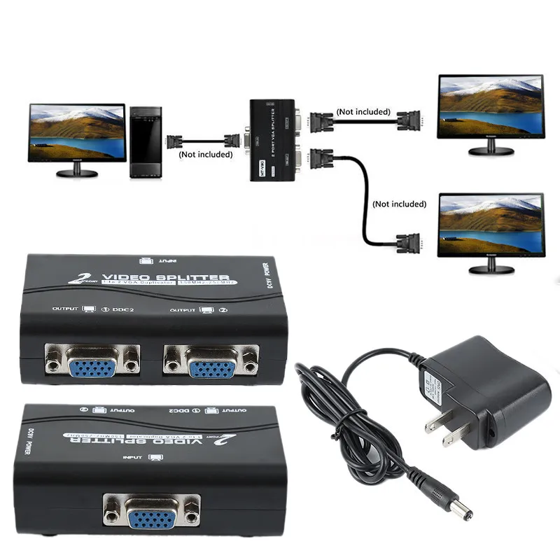 Nuevo 1 Pc 2 Monitor 2 Puerto de Video VGA Pantalla de video Splitter Box Adaptador Con Cable de Alimentación de Enchufe de EE.UU. 5