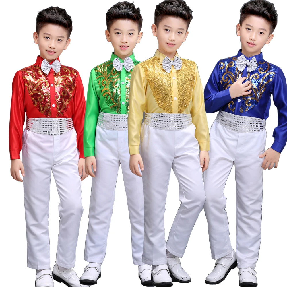 Camiseta+Pantalones+Correa+Corbata de pequeños de Niños con Lentejuelas fiesta de la Boda dancewear trajes de Colores ballrooom Stagewear baile de Trajes 5