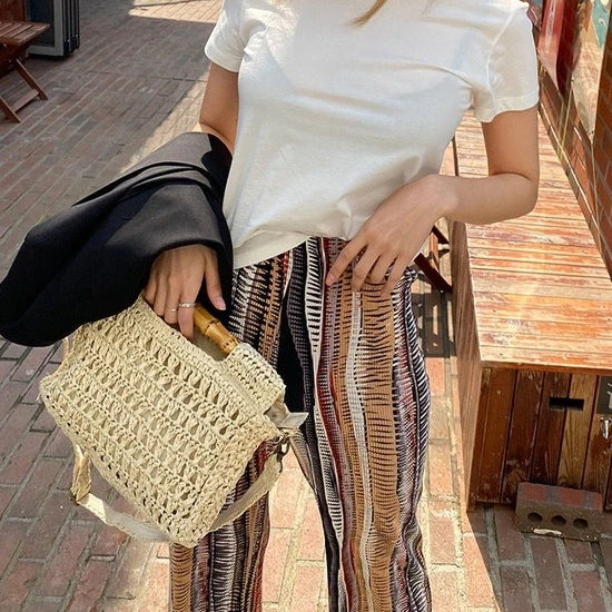 Moda mango de bambú paja bolsas de diseñador de las mujeres bolsos de lujo de mimbre tejido de hombro bolsas de playa de verano de ratán bolsos grandes de asas 5