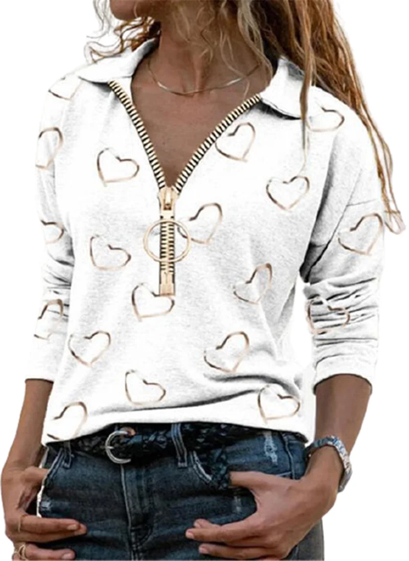 Elegante Impresión de Corazón Cremallera Cuello en V Jersey de la Mujer Top Otoño Casual de Manga Larga T-shirt Camisa de Señora de la Calle Plus-Tamaño Negro Tees 5