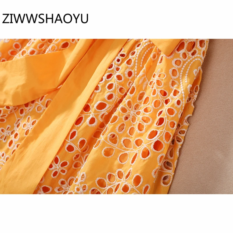 ZIWWSHAOYU las Mujeres de Verano Amarillo V-Cuello estilo Boho Vacaciones de Mini Vestidos de Diseñador de las Señoras de Arco Cinturón Hueco Bordado de Algodón Dressss 5