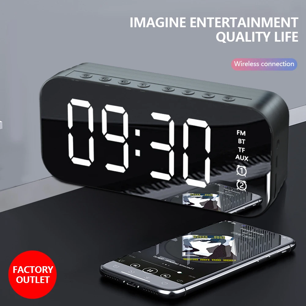Espejo Reloj despertador LED Reloj Digital Inalámbrico Bluetooth Altavoz Reproductor de Música Snooze Relojes de Mesa Con la Radio de FM Mini Tarjeta del TF 5