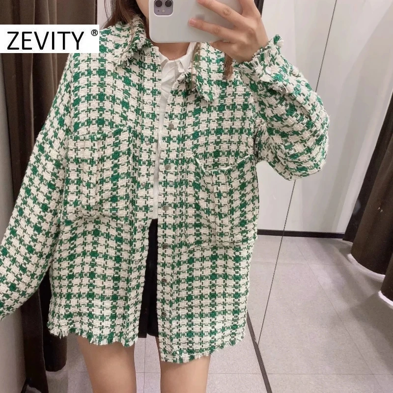Zevity Nuevo Otoño de las Mujeres de la Vendimia de la tela Escocesa de Impresión Camisa de Lana Abrigo de Señora de Manga Larga Bolsillo de Parche Borla Chaqueta Casual Chic Tops CT602 5