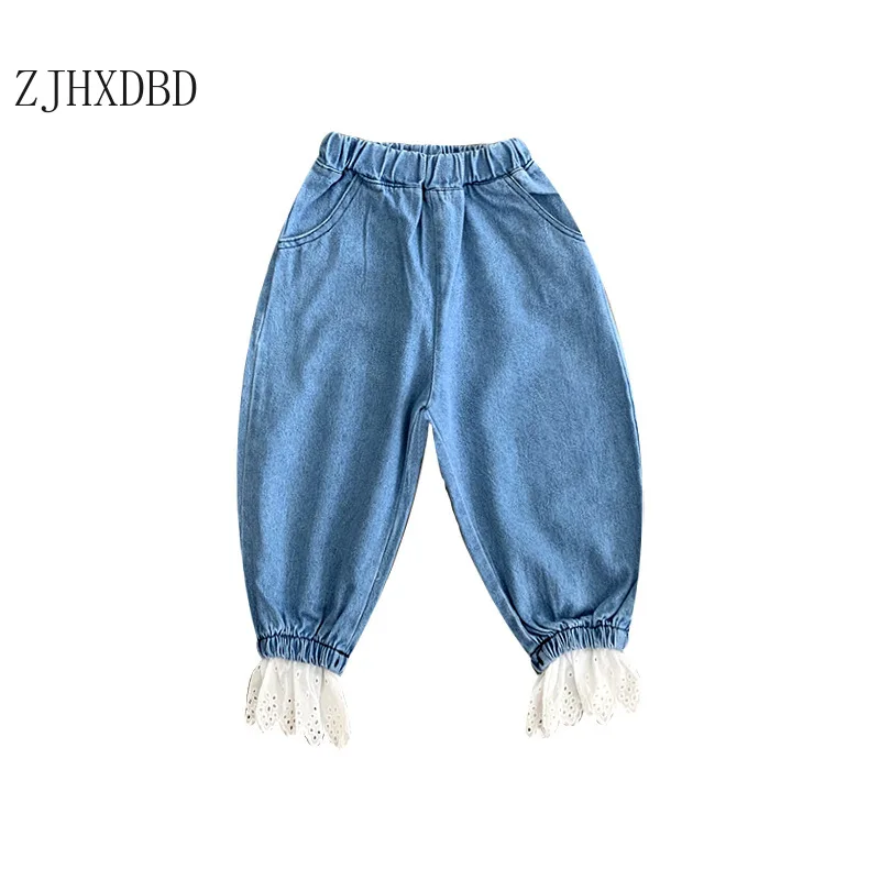 Las niñas de Encaje Suelto Laciness Pantalones Vaqueros del Dril de algodón De 2020 Sólidos Ropa de los Niños de azul sólido pantalones Vaqueros Suaves de Niñas y Niños Pantalones Pantalones 5