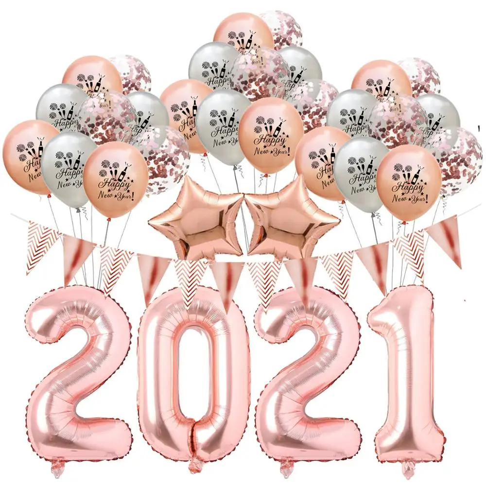 34Pcs/Set dorado y Negro, globos de Látex Feliz Año Nuevo 2021 Balón de Año Nuevo, Víspera de la Fiesta de las Vacaciones de la Fiesta de Navidad de la Decoración de Suministros 5