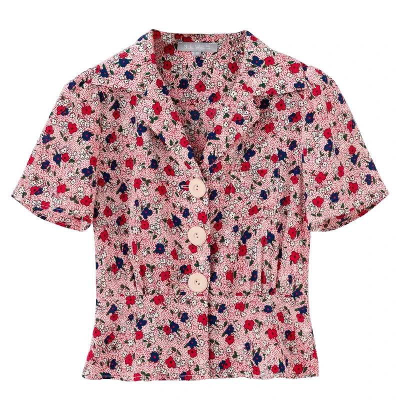 La mujer Camisetas de 2020 Primavera Verano de la Nueva Retro Camisa Corta Traje de Cuello de Manga Corta Solo Pecho de la Impresión Floral de la Blusa Femenina Tops 5