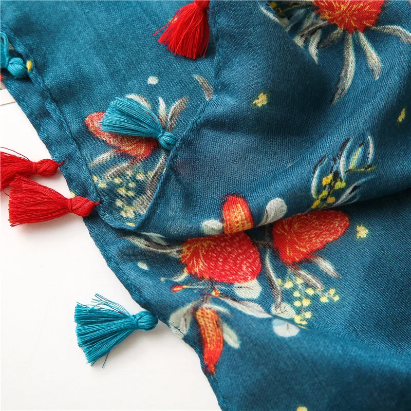 VISROVER 2020 Nuevo Azul de la Flor de Impresión de Viscosa Otoño Bufanda de las Mujeres de la Borla de la Moda de Invierno de color Rosa Bufanda Chalina Hiyab de Regalo al por mayor 5