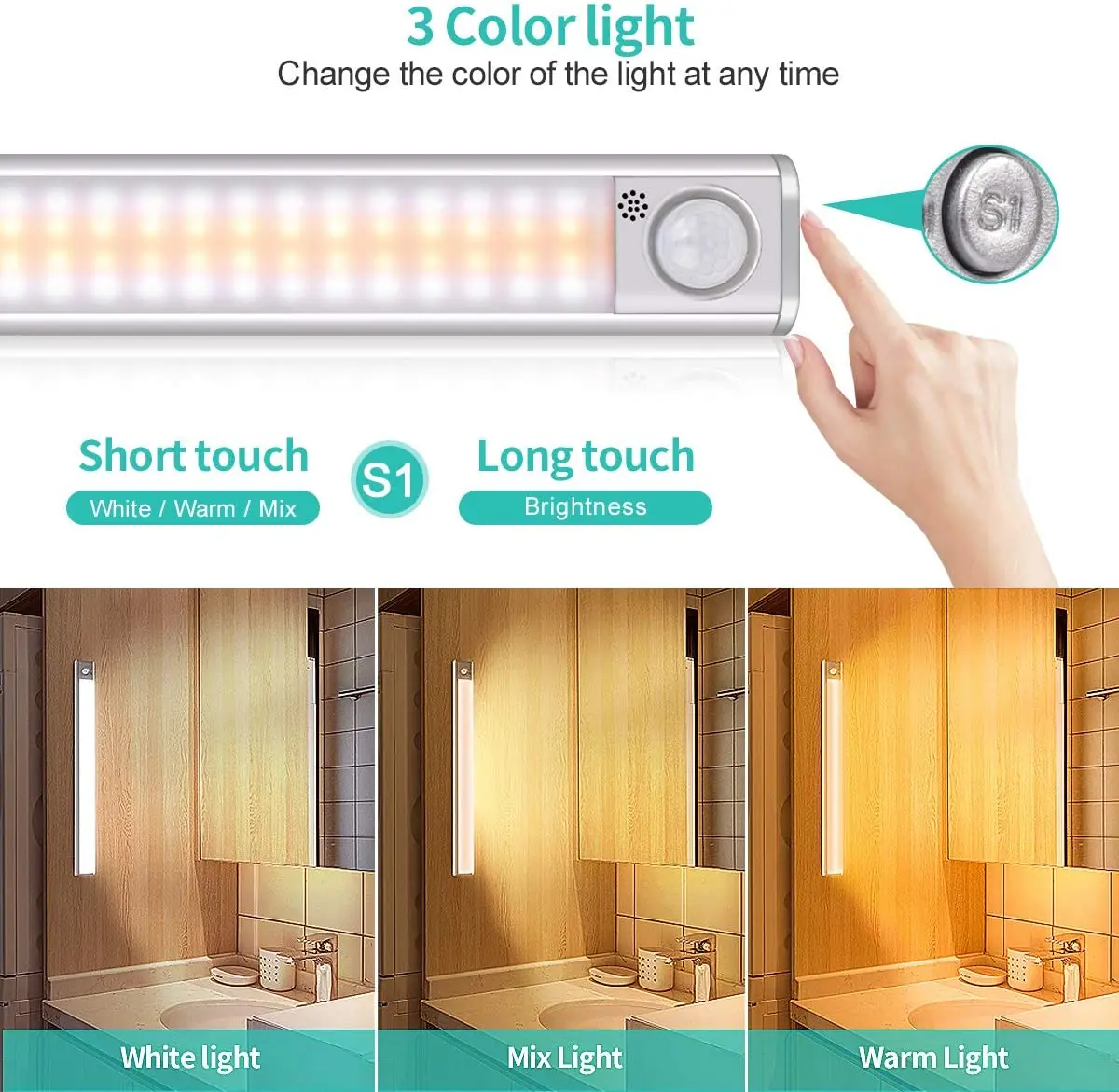 Luz de Noche LED con Sensor de Movimiento Gabinete Luces Wireless USB Armario de 3 Luces de Color ajustable del brillo de la Lámpara para el Armario de la Cocina 5