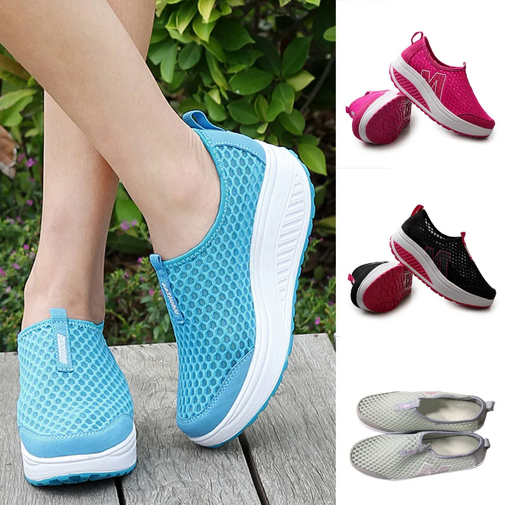 Casual Zapatos de Mujer de Malla de Cuña, Con Aumento de la Base de Zapatillas de deporte Sólido Mediados Talón, Dedo del pie Redondo de Gran Tamaño de la PU Zapatos Casual Mujer 5