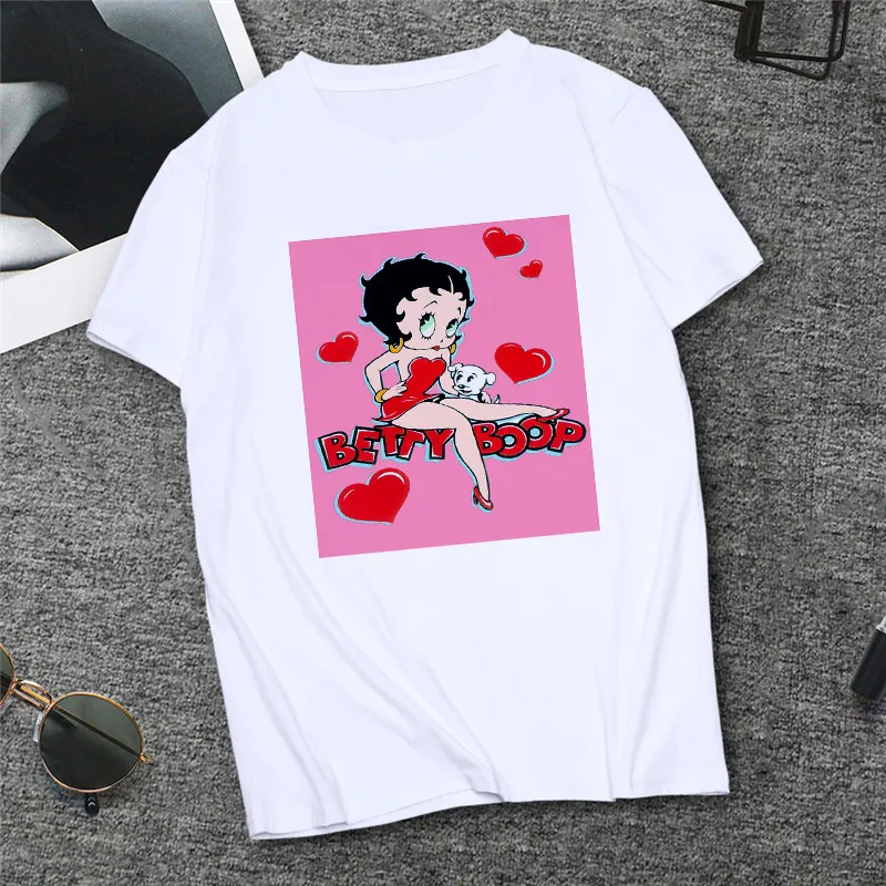 Las mujeres de la camiseta Blanca de Betty Boop de Impresión Verano Casual O-la parte Superior del cuello de la Hembra de la Camiseta de Harajuku Streetwear Más el Tamaño de Ropa de Mujer T-Shirt 5
