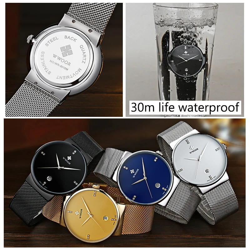 Los hombres Relojes de 2020 Marca de Lujo WWOOR de Fecha Automática Delgado Reloj de Cuarzo de los Hombres de Plata Azul de Malla de Acero Deporte Impermeable Masculino reloj de Pulsera 5
