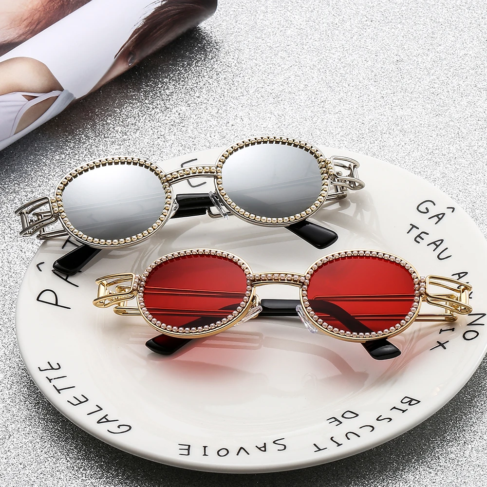 Vintage Oval Pequeña Mujer de las Gafas de sol para Hombre Gafas de Unsex Negro Retro de la Marca del Diseñador de Gafas UV400 de la Perla de la Decoración de Marco Oculos 5