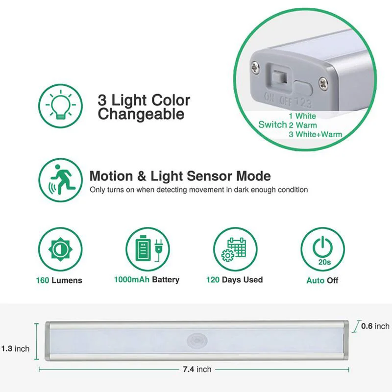 20 LED del Sensor de Movimiento del Armario de Luz con 3 Modo de Color de la Luz del Gabinete USB Inalámbrico Recargable Luces pegar en cualquier Lugar S7 5
