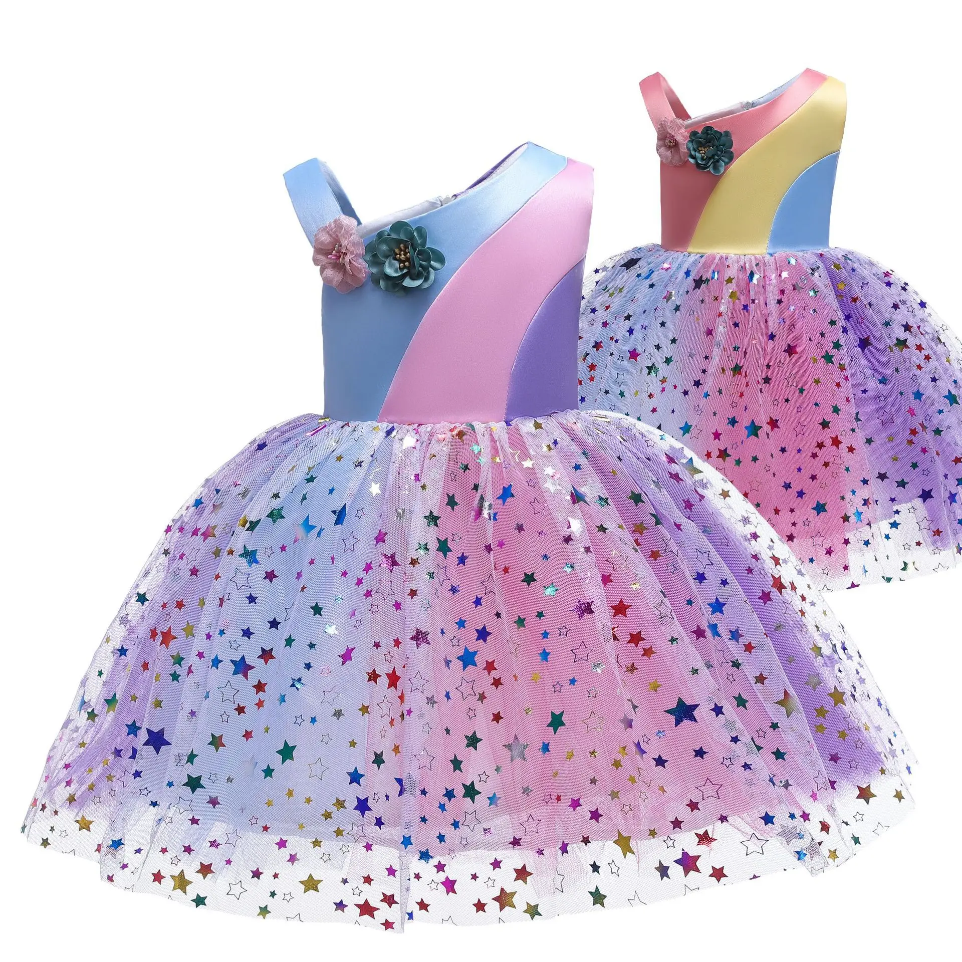 Bebé de Verano de las Niñas Vestidos de Ropa de Niños Vestido de Flores arco iris de coincidencia de color de Traje de Navidad Fiesta de Baile Ropa de Boda 5