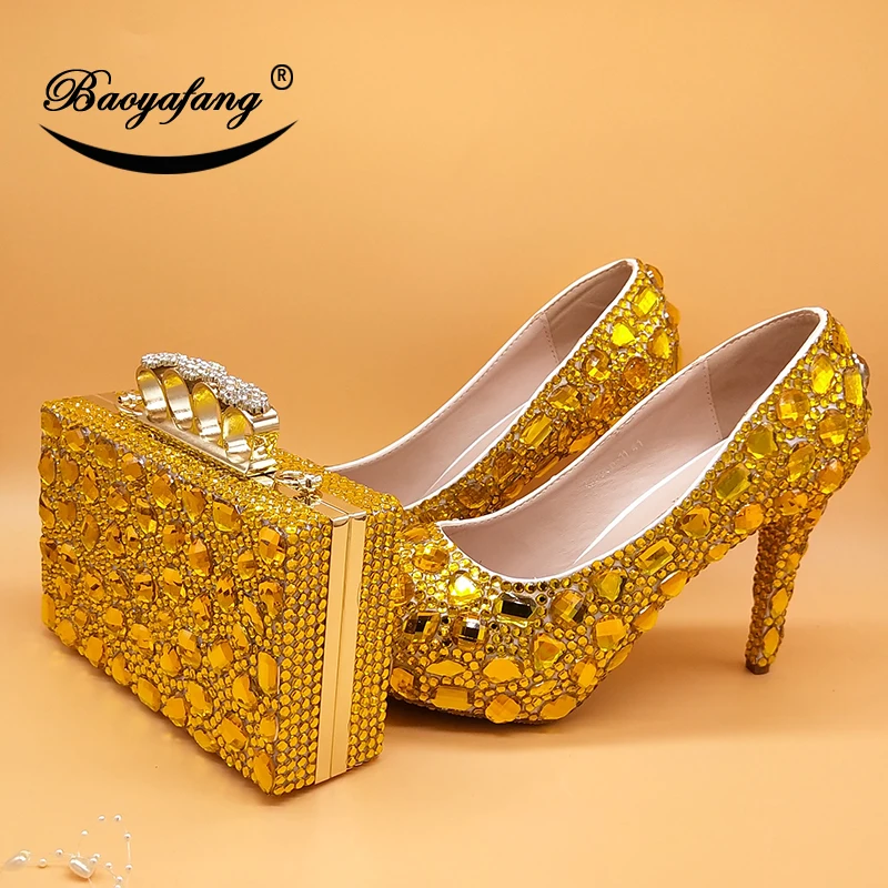 De oro de diamantes de imitación de la Mujer zapatos de la boda a juego con bolsos de mujer zapatos de tacón alto zapatos de plataforma de Cristal Bombas del Dedo del pie Redondo de la Moda de los Zapatos 5