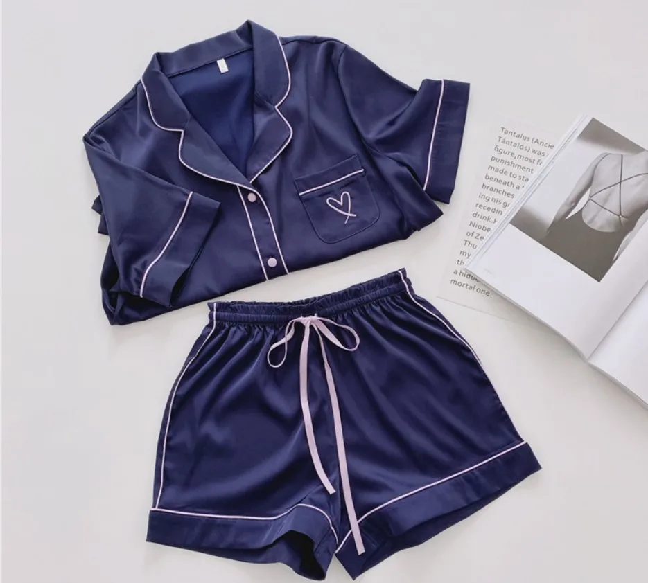 Nuevo Pijama para Mujer de Imitación de Seda del Pijama Simple Color Puro Ocio ropa de Dormir de Satén Corto Mangas de la ropa de dormir 5