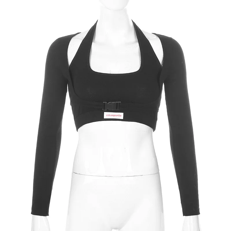 2020 Hueco de T-shirt de Dos piezas de las Mujeres Ajustado Slim Cartera de la Hebilla de la Cintura de los Deportes de la Aptitud de manga Larga Superior 5