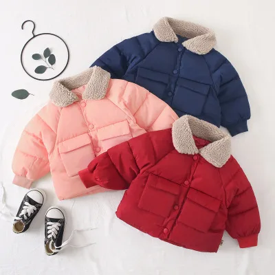 Nueva versión coreana de invierno ropa de los niños de los niños del algodón de la solapa de engrosamiento de algodón de las niñas de color sólido bebé jacke 5