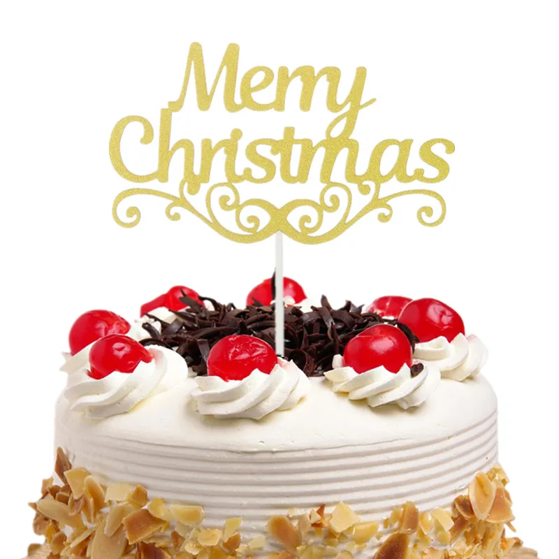 50 piezas/lote Merry Christmas Cake Toppers Banderas Niños Feliz Cumpleaños Brillo de la Magdalena de la Chistera de la Boda de la Ducha del Bebé Partido de BRICOLAJE de Hornear 5