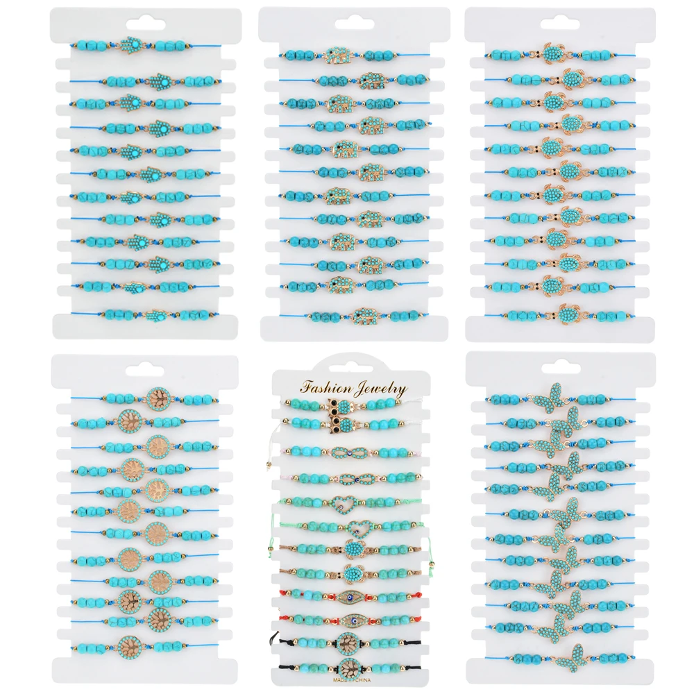 12pcs/lot Árbol de la Vida de Fátima Mano Azul Perlas Pulseras de Algodón Ajustable de la Cuerda de la Cadena de los Animales de la Pulsera del Encanto para las Mujeres de la Joyería 5