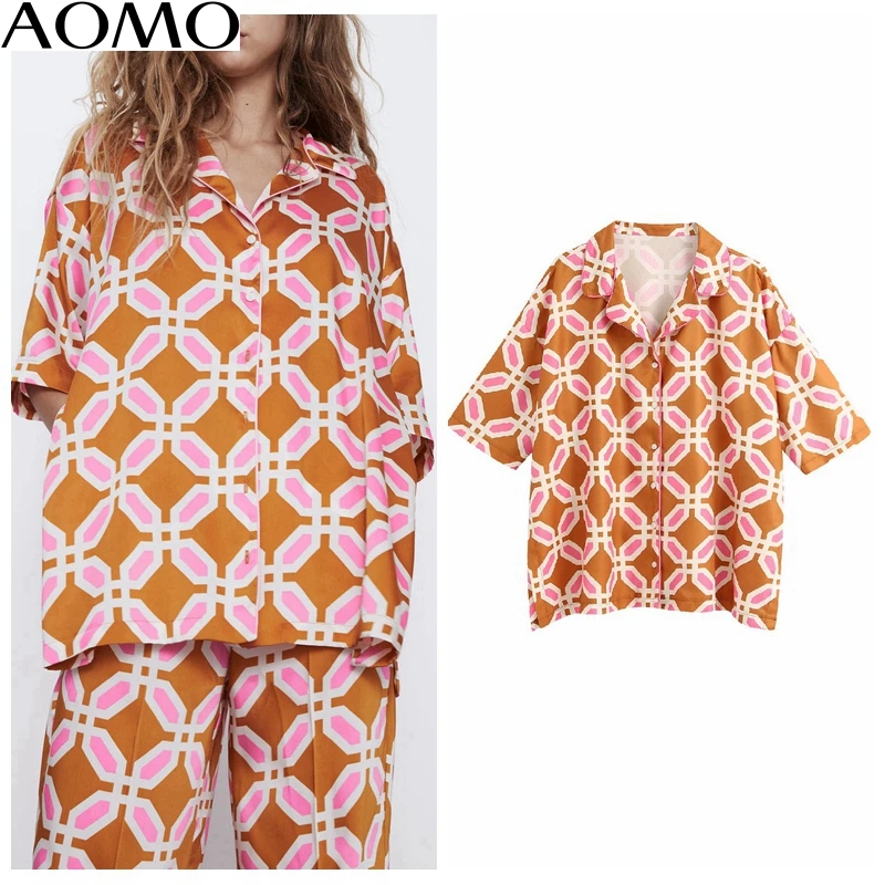 AOMO de la moda de las mujeres de gran tamaño de impresión de la gasa de la blusa de verano de manga corta elegante femenina casual suelto blusas tops BE363A 5