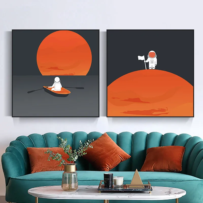 Nórdicos pintados a Mano de dibujos animados Naranja Planeta Astronauta de la Luna Villano Lienzo de Pintura para Niños en la Habitación de Decoración de la Pared del Arte de la Pintura 5