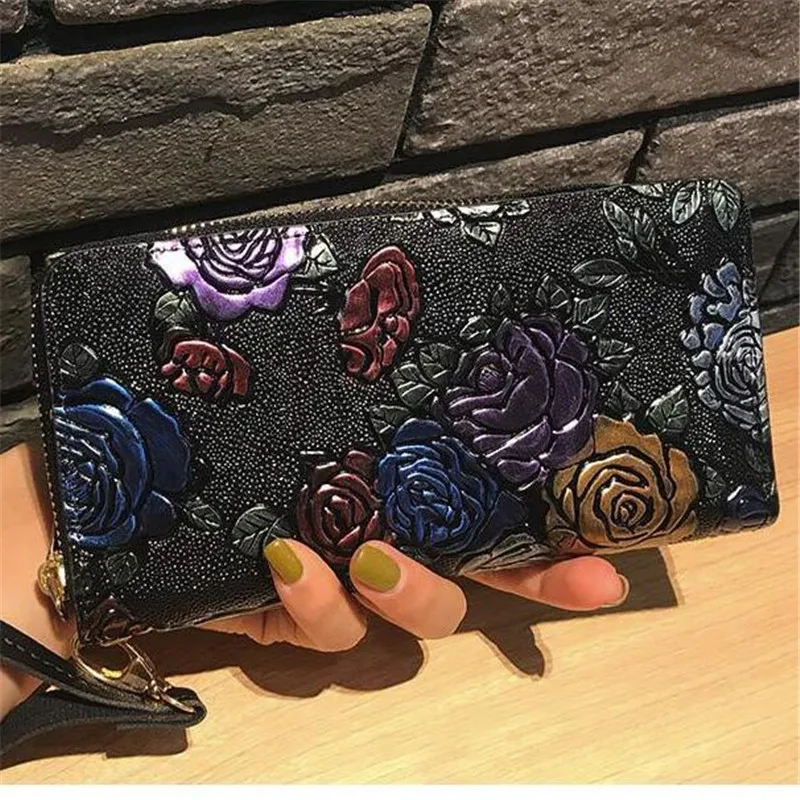 Las mujeres carteras de cuero de la pu bolso de lujo de la marca ladis embrague monedero de larga floral de las mujeres bolsos titular de la tarjeta monedero 5