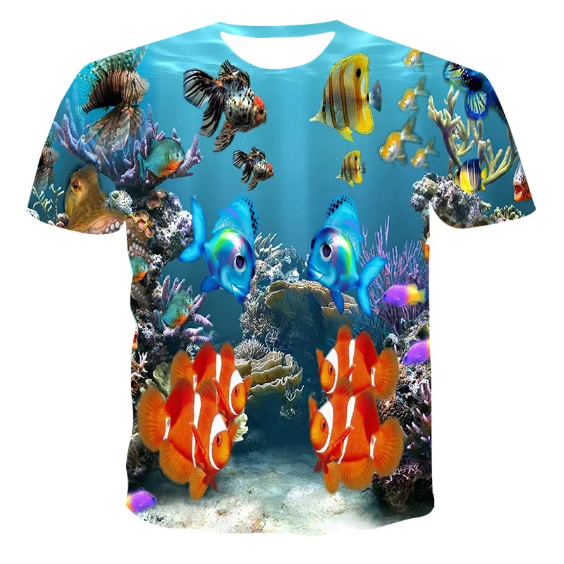 Nueva impresión en 3D de camiseta de los hombres peces del océano de leche de seda de manga corta de niño niña jersey de cuello redondo de manga corta 5