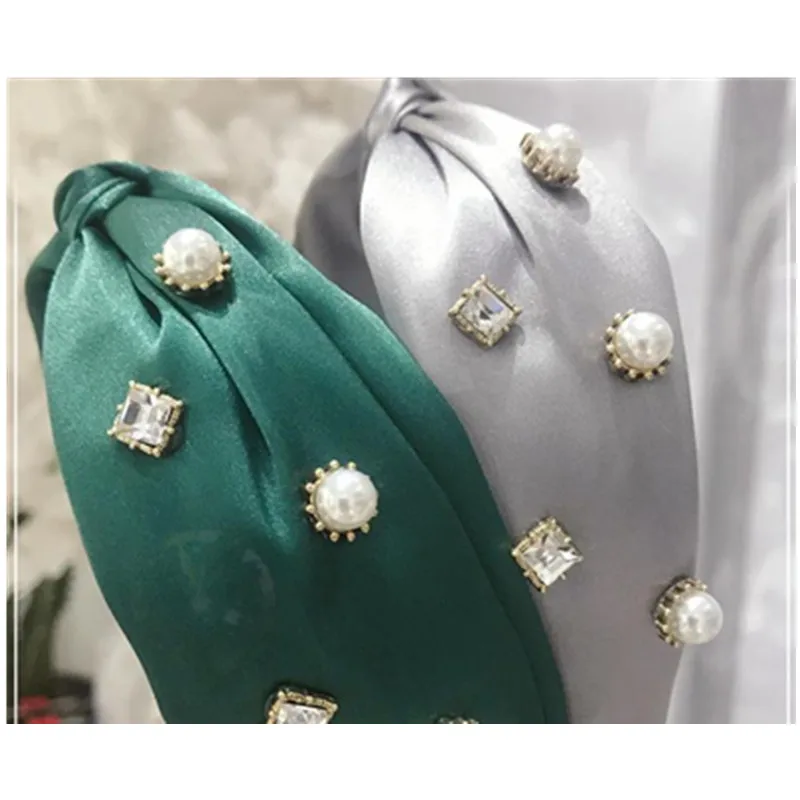 Elegante de Satén Verde de la Diadema de Perlas para las Mujeres Accesorios Sólida Banda de Cabeza Anudado Amplia de Diadema de Adultos de la Boda de Cristal Diadema 5