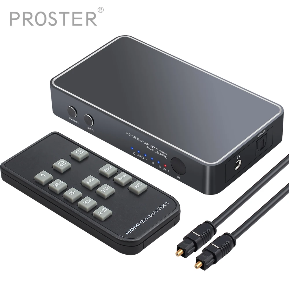 PROZOR para 3 Puertos de Switch HDMI con Audio Extractor Con Control Remoto 4K 3D Soporte de ARCO PIP Mini HDMI a HDMI Adaptador de Conmutador 5