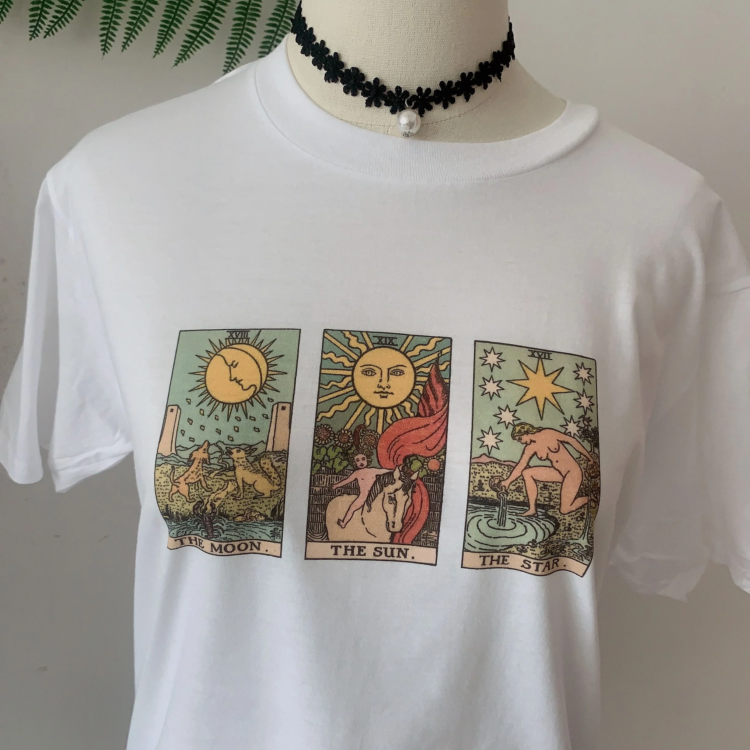 Kuakuayu HJN de Moda Vintage de Sol Luna Estrella Cartas del Tarot T-Shirt de la Mujer Linda Estética Casual Impreso Camiseta de los Hipsters de la Bruja de la Camisa 5
