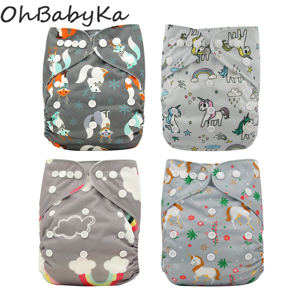 Ohbabyka 4Pcs/set Impermeable Reutilizable Infantil Bolsillo del Pañal de Tela Flamingo Bebé Pañal Cubre de Tamaño Ajustable Bebé Pantalones de Entrenamiento 5