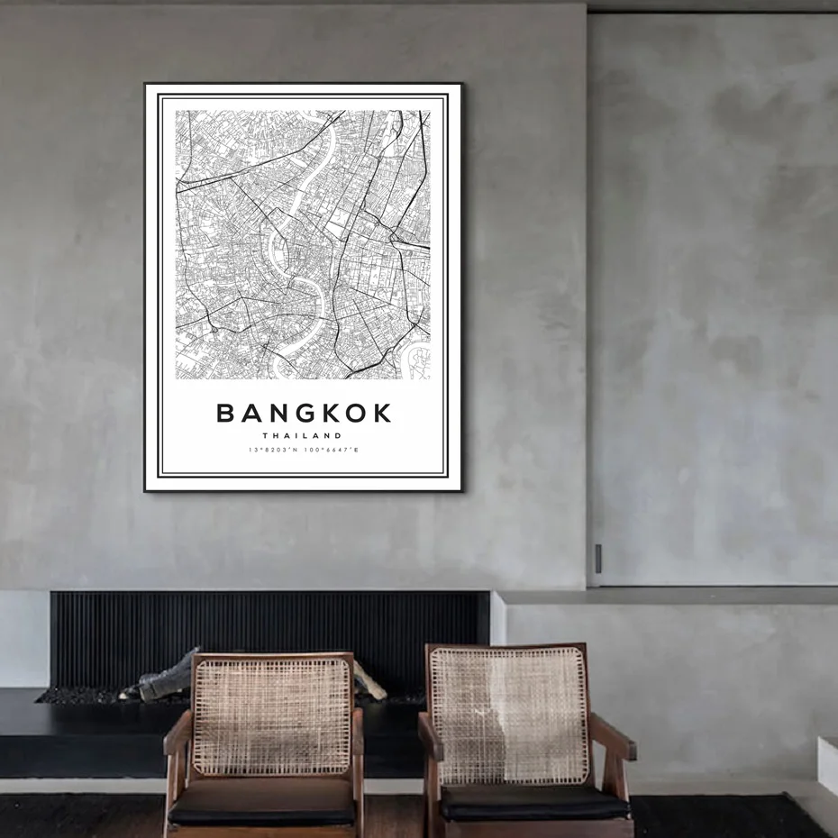 En Blanco y negro Bangkok Mapa Nórdicos Tailandia Mapa de la Ciudad de Arte de Pared con Fotografías Impresas Carteles y Grabados para la Sala de estar Decoración para el Hogar 5