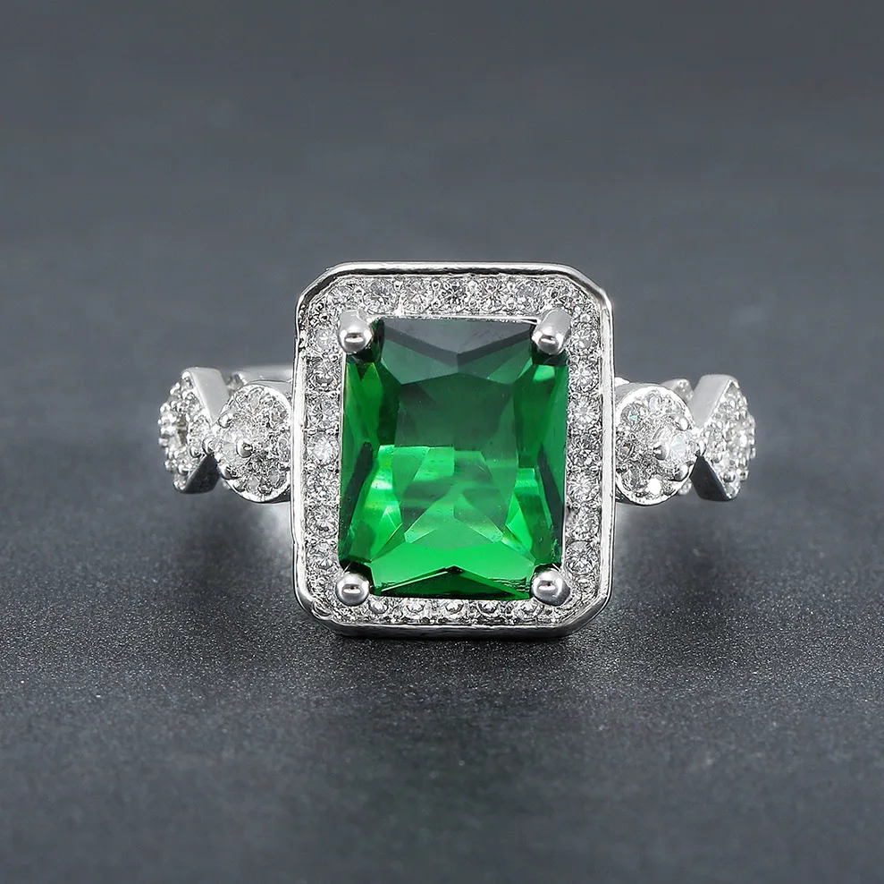 La plaza de la moda cristal verde esmeralda piedras preciosas anillos de diamantes para las mujeres de oro blanco de color plata de la joyería bague fiesta de la moda de regalo 5
