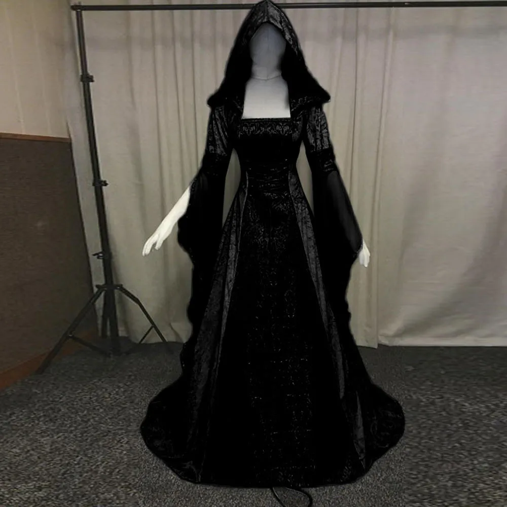Vintage Gótico Vestidos De Halloween Renacimiento Con Capucha Medieval Vestido De La Longitud Del Piso De Cosplay Vestido De Princesa Bohemio Vestido Victoriano 5