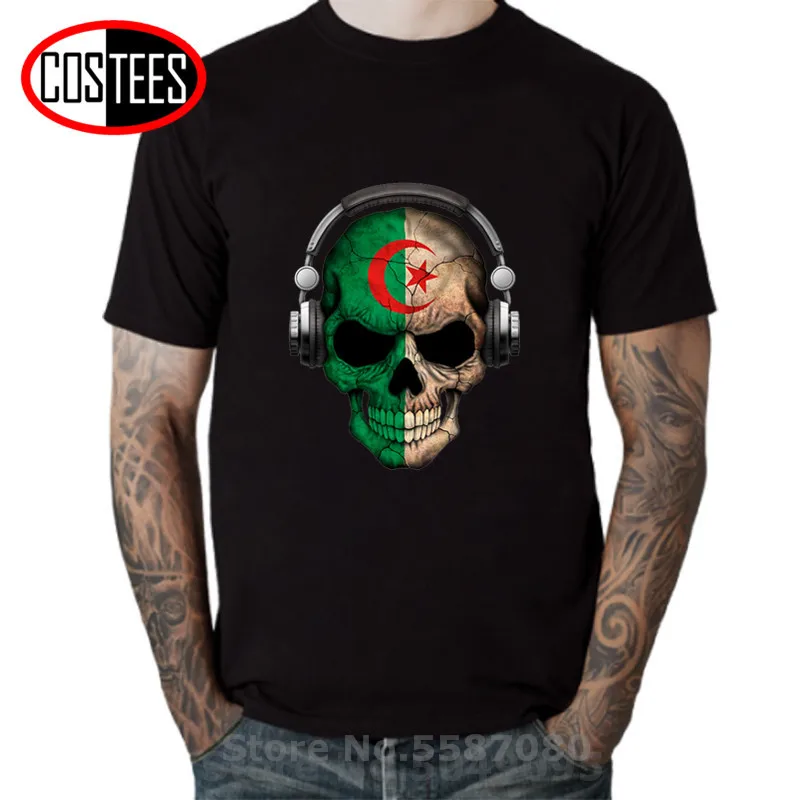 Oscuro Cráneo Deejay con Argelia Bandera de camiseta de los hombres de Argelia DJ Esqueleto de T-shirt Argelia Mapa de la camiseta Patriótica País Amante de la Camiseta 5
