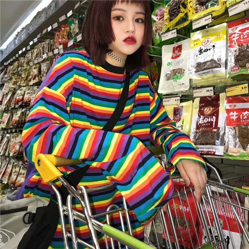 NiceMix de la Moda de Ropa de Mujer de Corea del Dulce arco iris de Rayas Tops sueltos ulzzang harajuku Tees Otoño Nuevo O-cuello de manga larga T-Sh 5