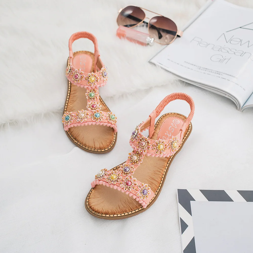 Gykaeo Bohemio Estilo Casual de las Mujeres Sandalias de 2020 la Moda Femenina Dedo del pie Redondo de Cristal de Fondo Plano Zapatos de Playa de las Mujeres Sandalias de Verano 5