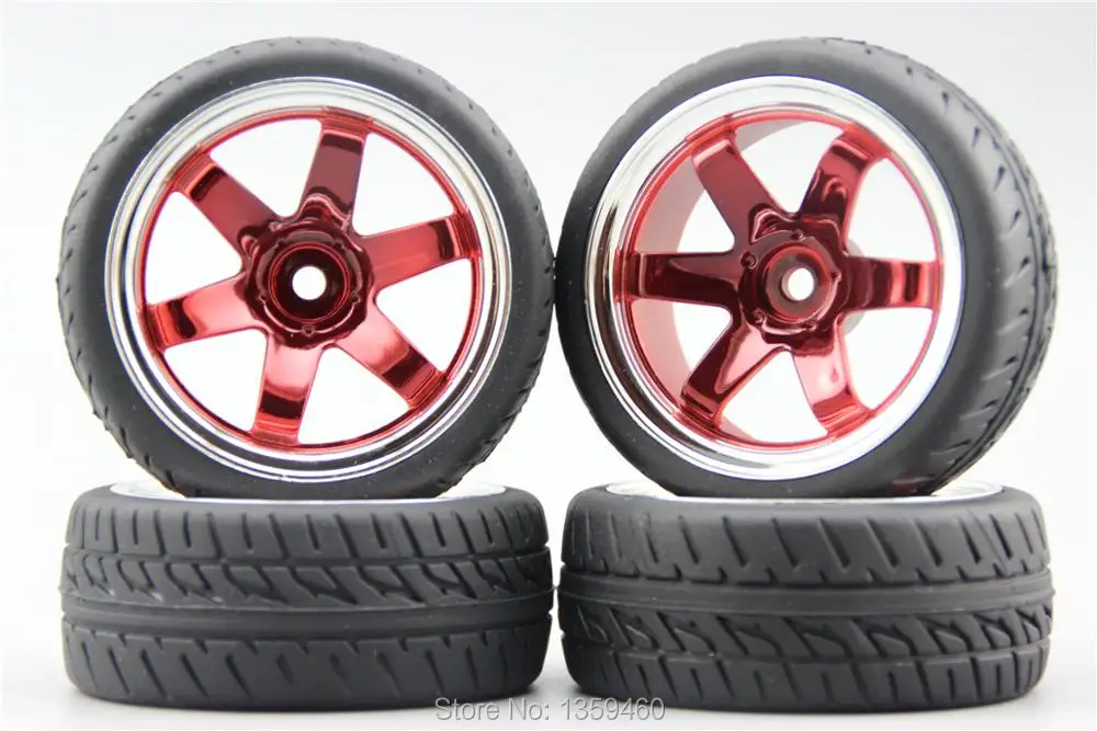 4pcs RC 1/10 de Goma Suave En Carretera Coche del Neumático del Neumático de la Llanta W6SCR 6mm Offset(Cromo+Pintura de color Rojo) 10016(6)+Llantas de Caucho 5